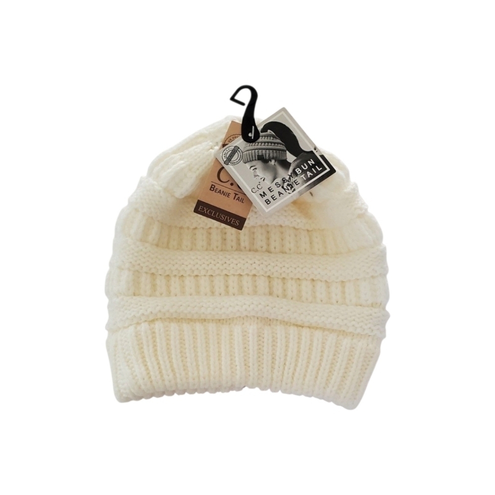 C.C Exclusives Beanie Tail Ivory Knit Messy Bun Hat One Size